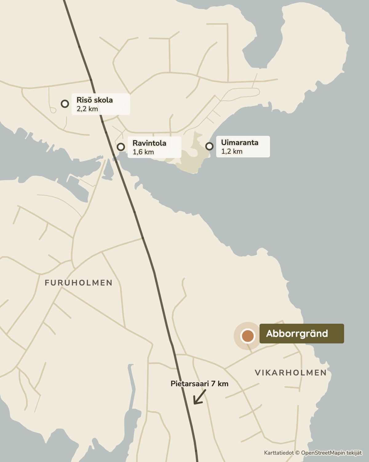 Kartta: Abborrgränd Vikarholmenissa. Merkitty Risö skola (2,2 km), uimaranta (1,2 km), ravintola (1,6 km) ja suunta Pietarsaareen (7 km).