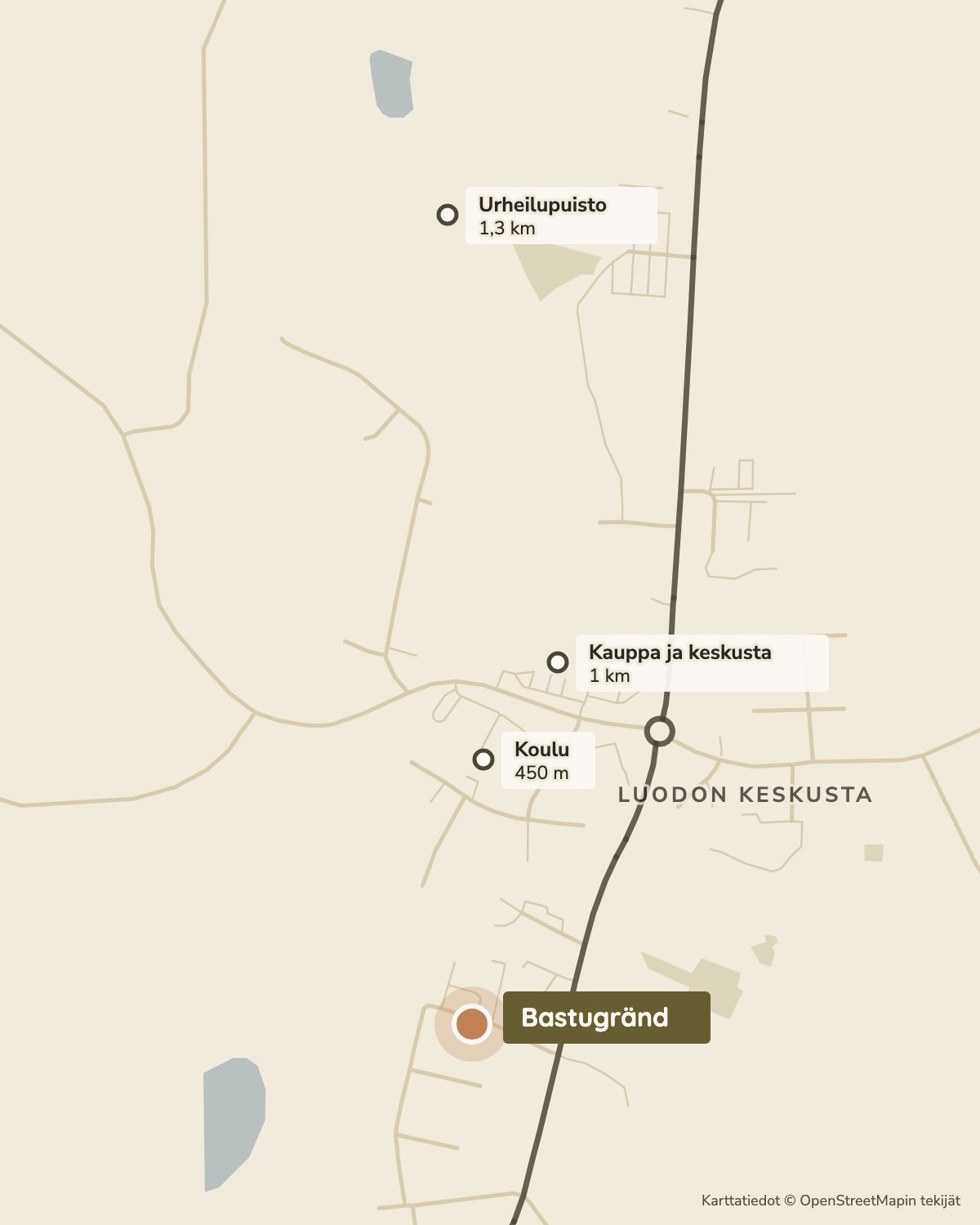 Kartta: Bastugränd Luodon keskustan eteläpuolella. Merkitty kauppa ja keskusta (1 km), koulu (450 m) ja urheilupuisto (1,3 km).