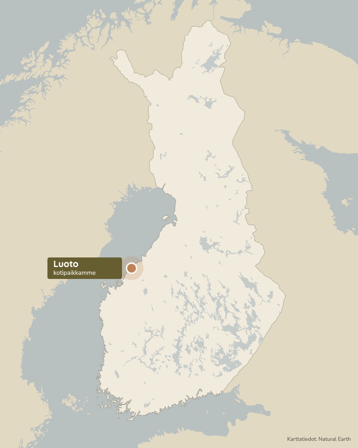 Suomen kartta, johon on merkitty Luoto, Luotokodin kotipaikka