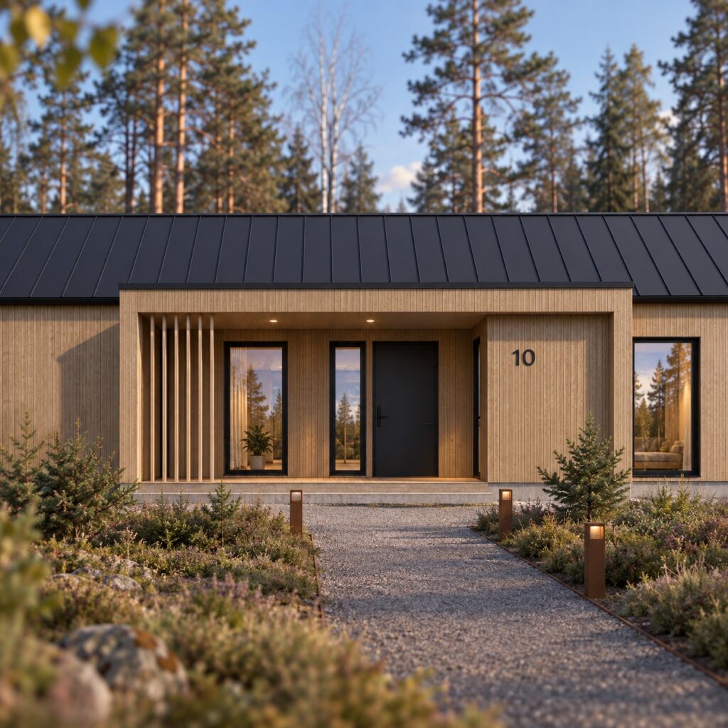 Risö 100+ från entrésidan: ljus träfasad, svart plåttak och grusgång till entrén.