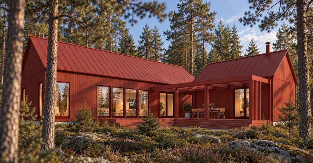 Risö 100+ och plusdelen från gårdssidan i rött: L-formad helhet med täckt terrass mellan byggnaderna.