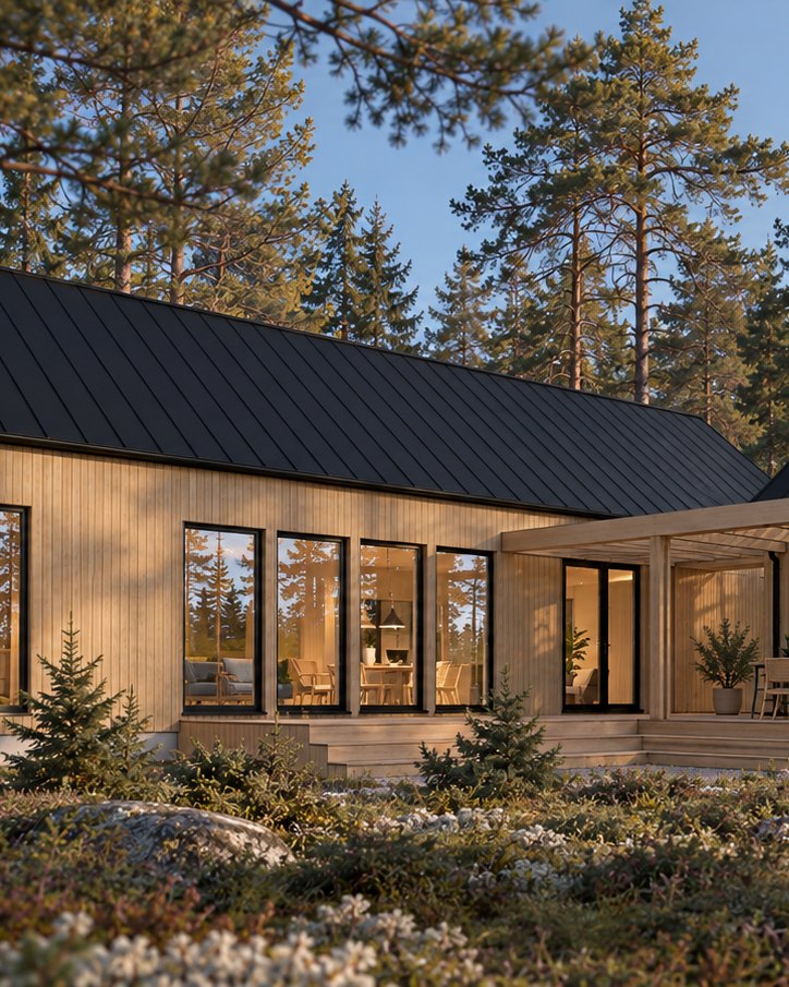 Risö 100+ från gårdssidan: ljus träfasad, svart tak och berggrund i tallskogen.
